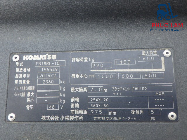 Xe nâng điện đứng lái Komatsu 1.8 tấn model FB18RL-15 cũ