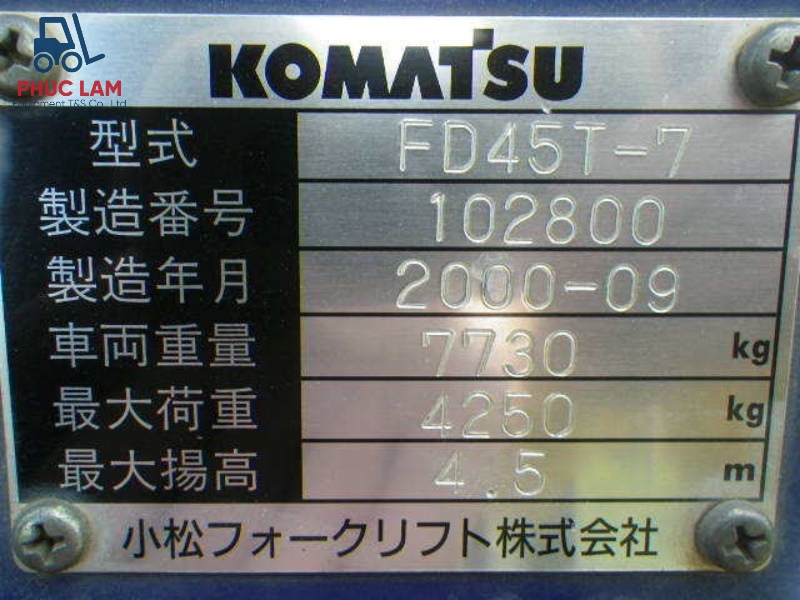 Xe nâng dầu ngồi lái Komatsu 4.5 tấn model FD45T-7 cũ